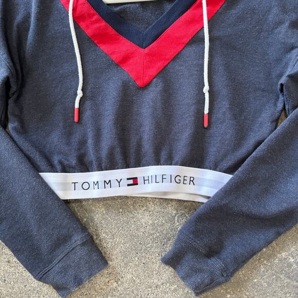 Tommy Hilfiger Crop Top Hoodie Womens S Blue Y2K Retro Sweater Sweatshirt - Picture 3 of 9